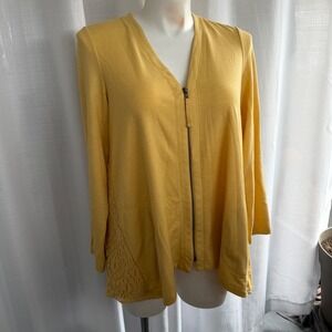 LOGO Lounge Lori Goldstein Yellow Zip Up Cardigan Size L Lace Back Sweater